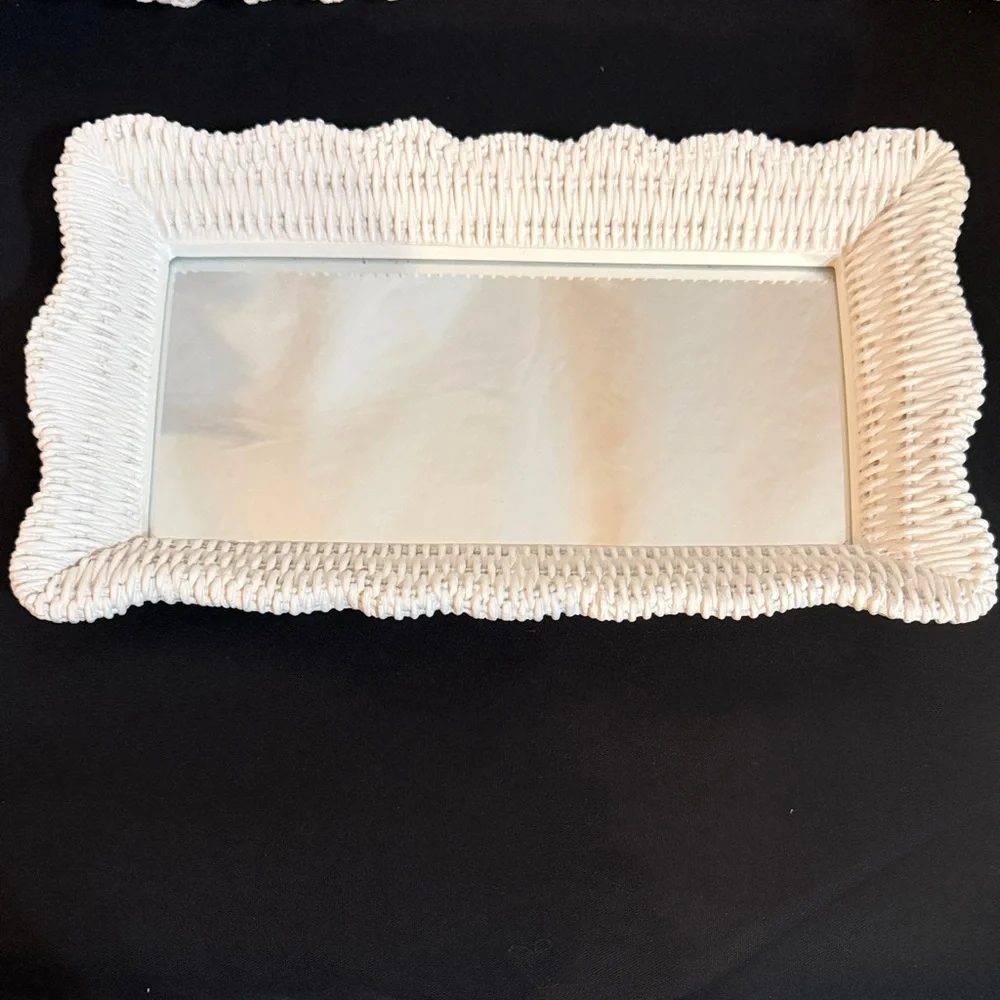 White Wicker Look Rectangular Mirror Tray Cottagecore